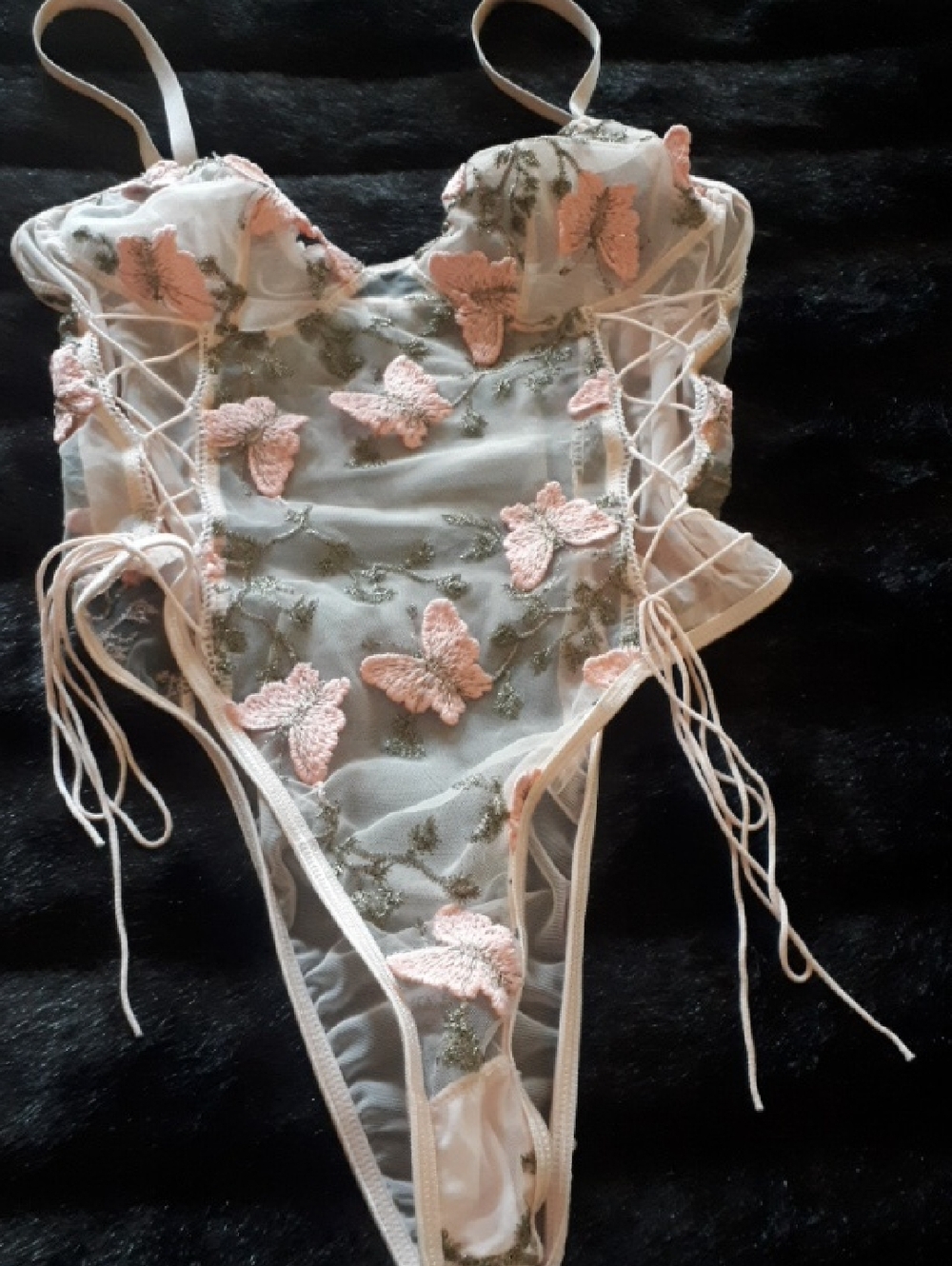 Sheer Lace Butterfly Bodysuit in Blush Pink
